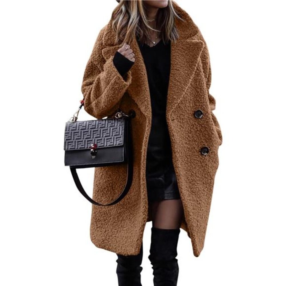 Women 2025 Winter Faux Fur Coats Lapel Long Sleeve Fuzzy Fleece Outerwear